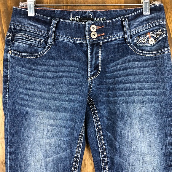 Ariya Womens Jeans Blue Whiskered Bootcut Embroidered Stretch Size 5 Short - Picture 2 of 10
